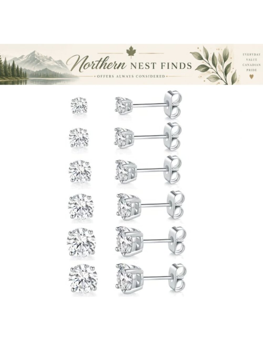 18K White Gold Plated Cubic Zirconia Round Stud Earrings 6 Pairs Set